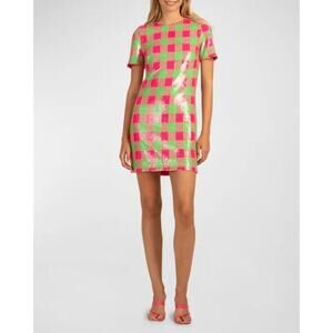 Trina Turk Lupine Short-Sleeve Plaid Sequin Mini Dress Size 10